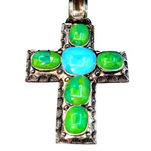Vintage SX Southwestern Sterling Turquoise Cross 2.5" Pendant 20.70g
